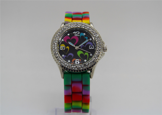 Caixa redonda do diamante impermeável da liga do relógio da correia do silicone do arco-íris